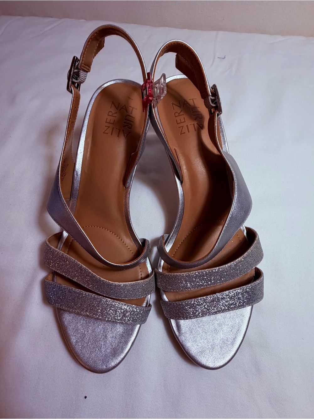 Naturalizer Silver Glitter Strappy Slingback Heels